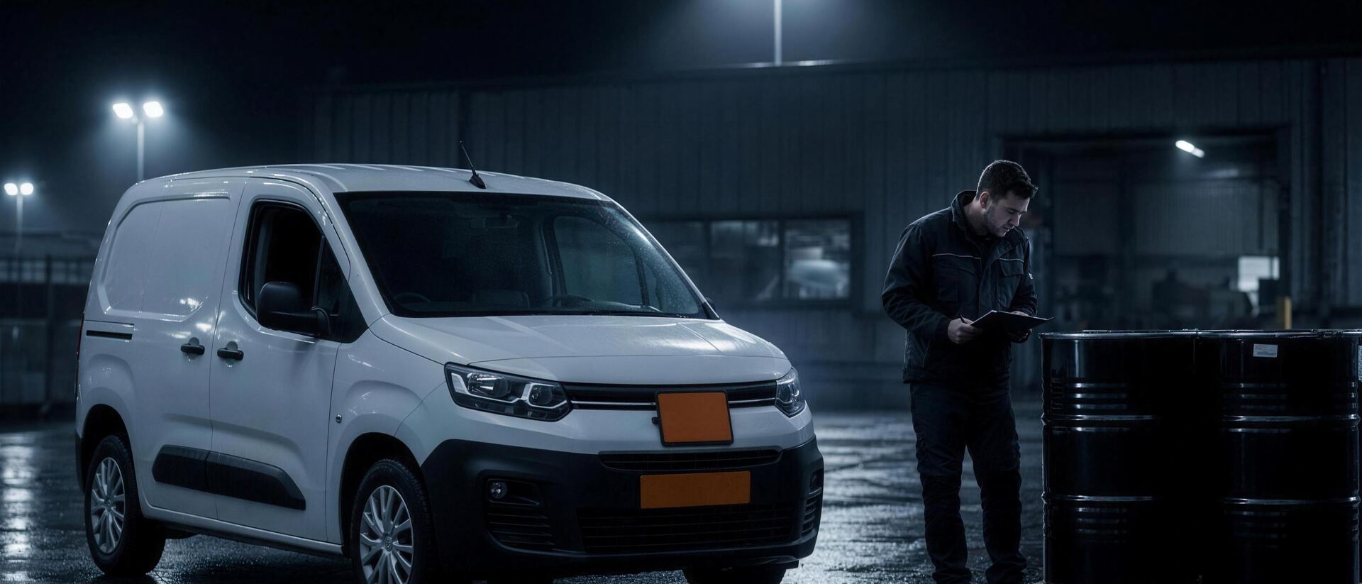 Chauffeur controleert vaten bij een bestelwagen met oranje ADR-bord in de nacht