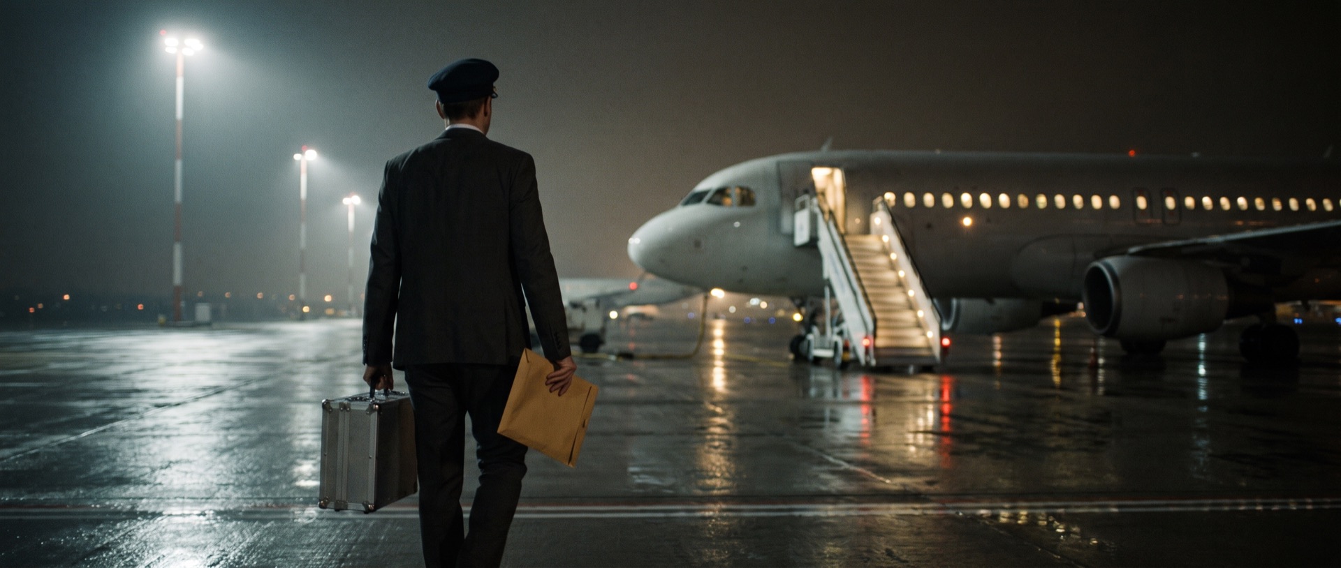 Koerier met flightcase op weg naar een passagiersvliegtuig in de nacht