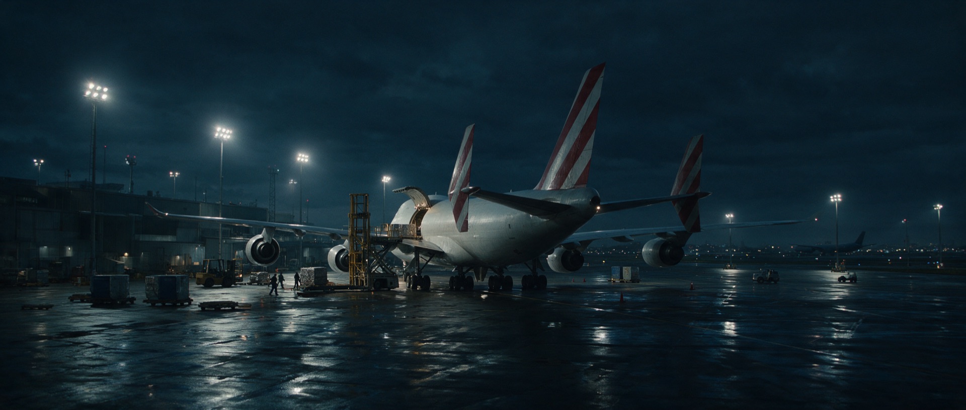 Schiphol bij nacht, vrachtvliegtuig aan de terminal