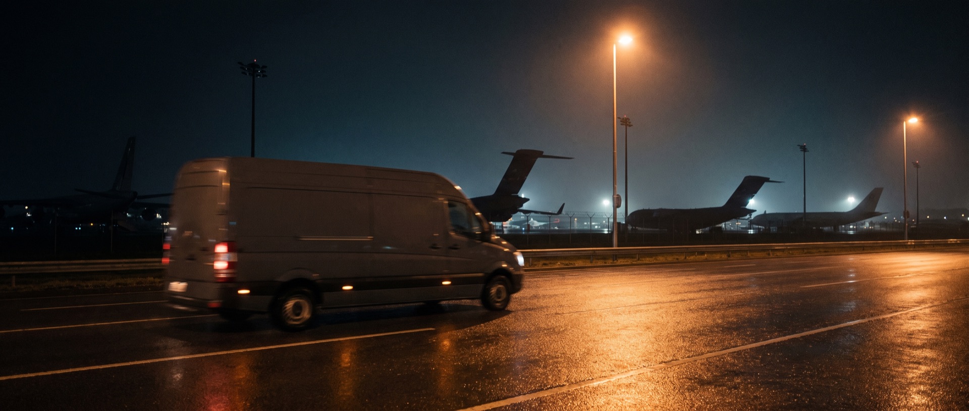 Koeriersbus onderweg in de nacht bij Schiphol